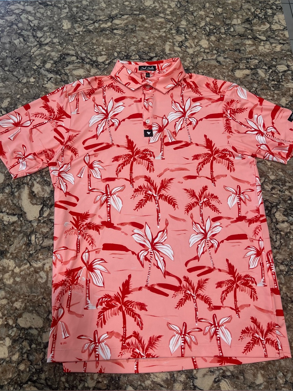 Bad Birdie Ricky Rose Performance Stretch Golf Polo Large Floral Palm Trees